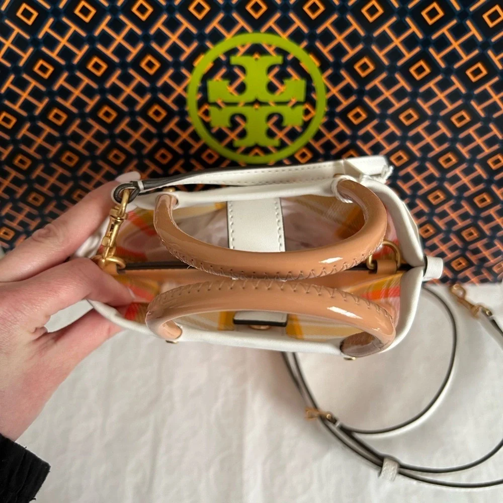 Tory Burch Mini Perry Mesh Tote Canyon Flower Plaid White Pink Tan Yellow Gold